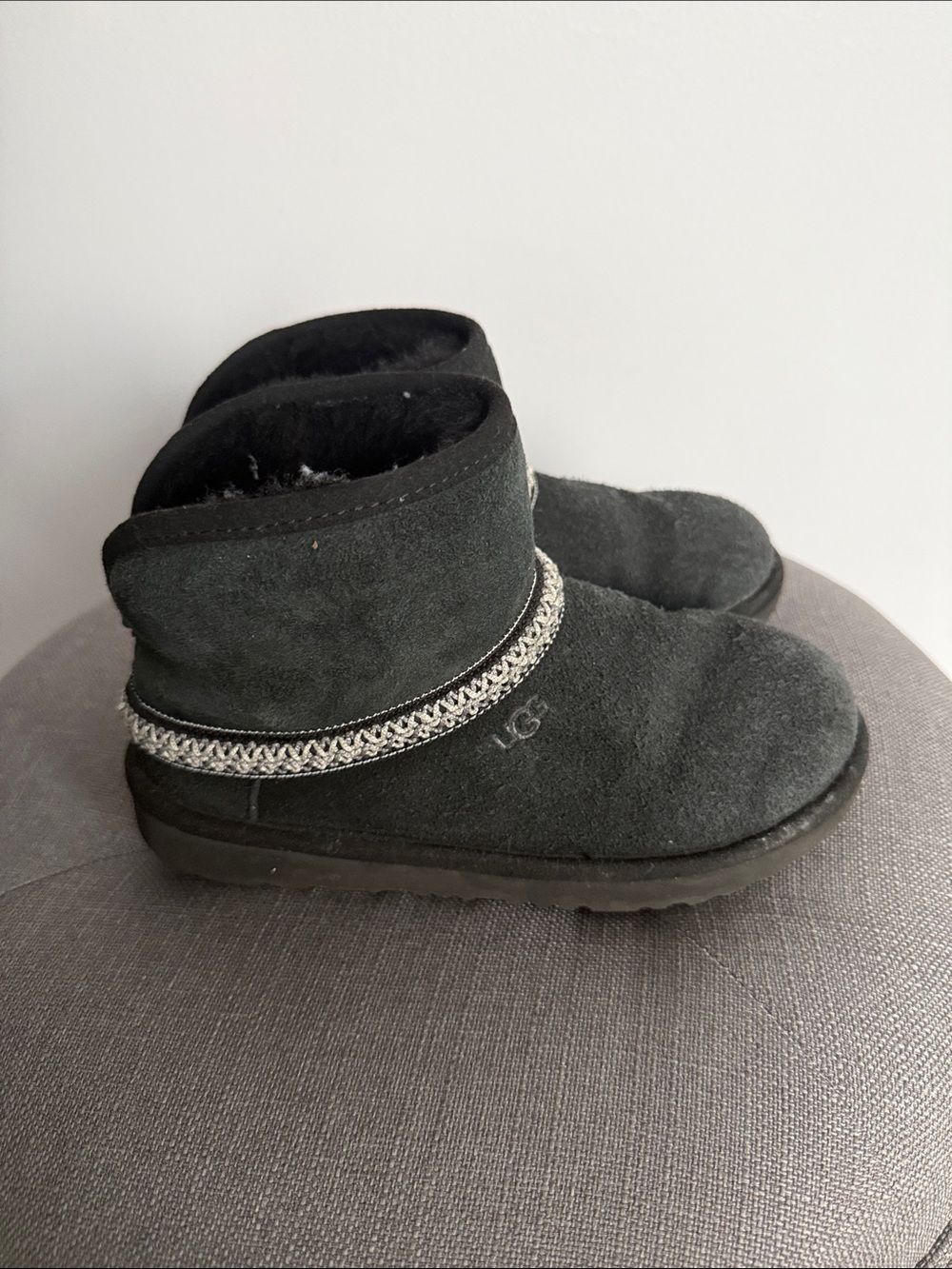 UGG Kids Black Suede Short Boot with Silver Trim